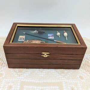 Vintage Wooden Storage Box with Glass Fly Fishing Shadowbox Lid